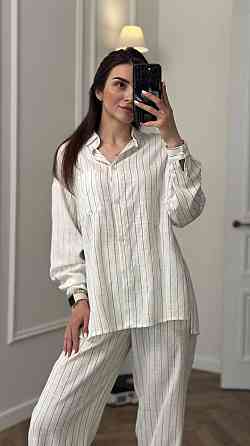 Костюм жіночий літній льон Молочний Смужка XS-S Харків