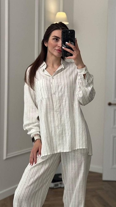 Костюм женский летний лен Молочный Полоска XS-S Харьков - изображение 3