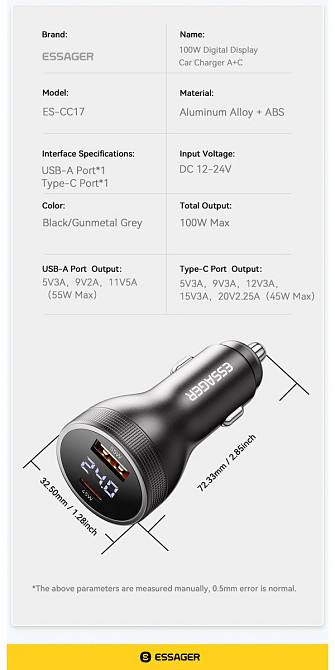 Автомобильное зарядное устройство Essager ES-CC17 100W A+C (USB-A + Type-C) — мощная быстрая зарядка для смартфонов и ноутбуков Николаев - изображение 7
