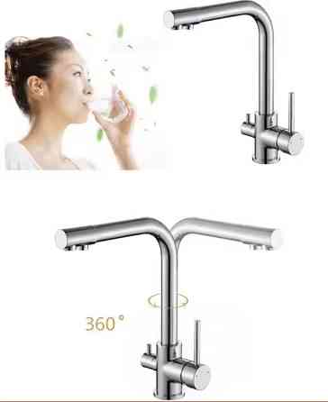 Змішувач для кухні з підключенням до фільтра латунний, з матовим нікелем з бічними важелями, матовий нікель Кам'янець-Подільський