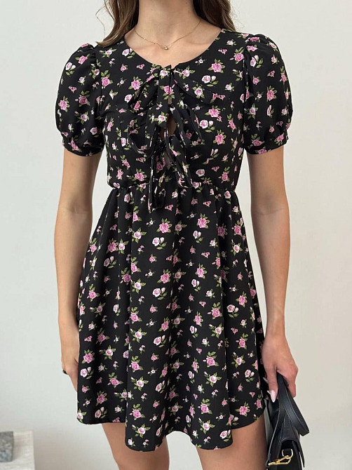 Женское легкое романтическое мини платье в цветочный принт турецкий софт Черный, 44/46 Одесса - изображение 1