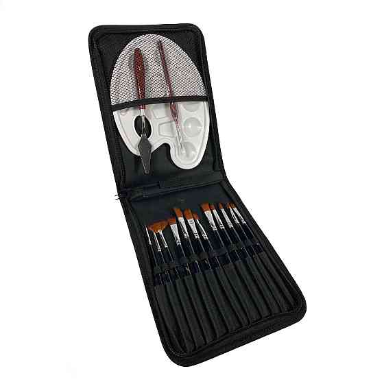 Набір професійних нейлонових пензлів з палітрою та мастихіном в чорному пеналі, 15 шт Кам'янець-Подільський
