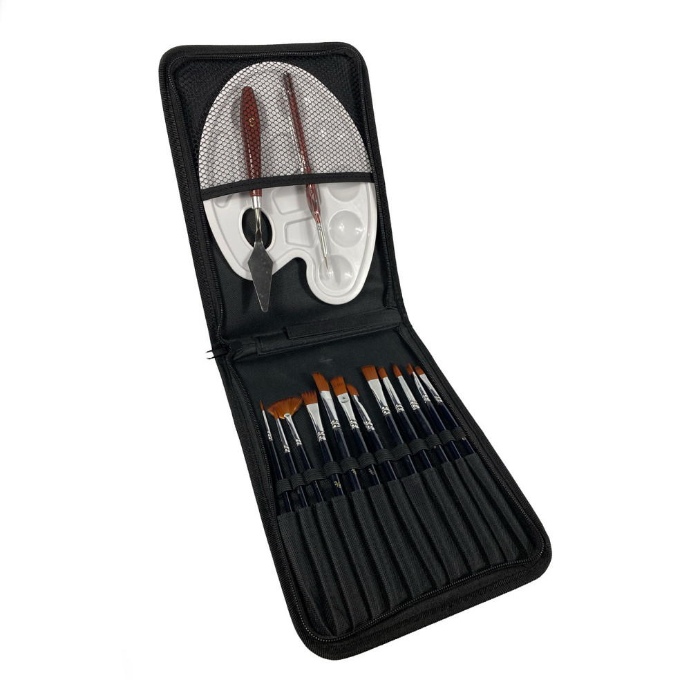 Набор профессиональных нейлоновых кистей с палитрой и мастихином в черном пенале, 15 шт Каменец-Подольский - изображение 1