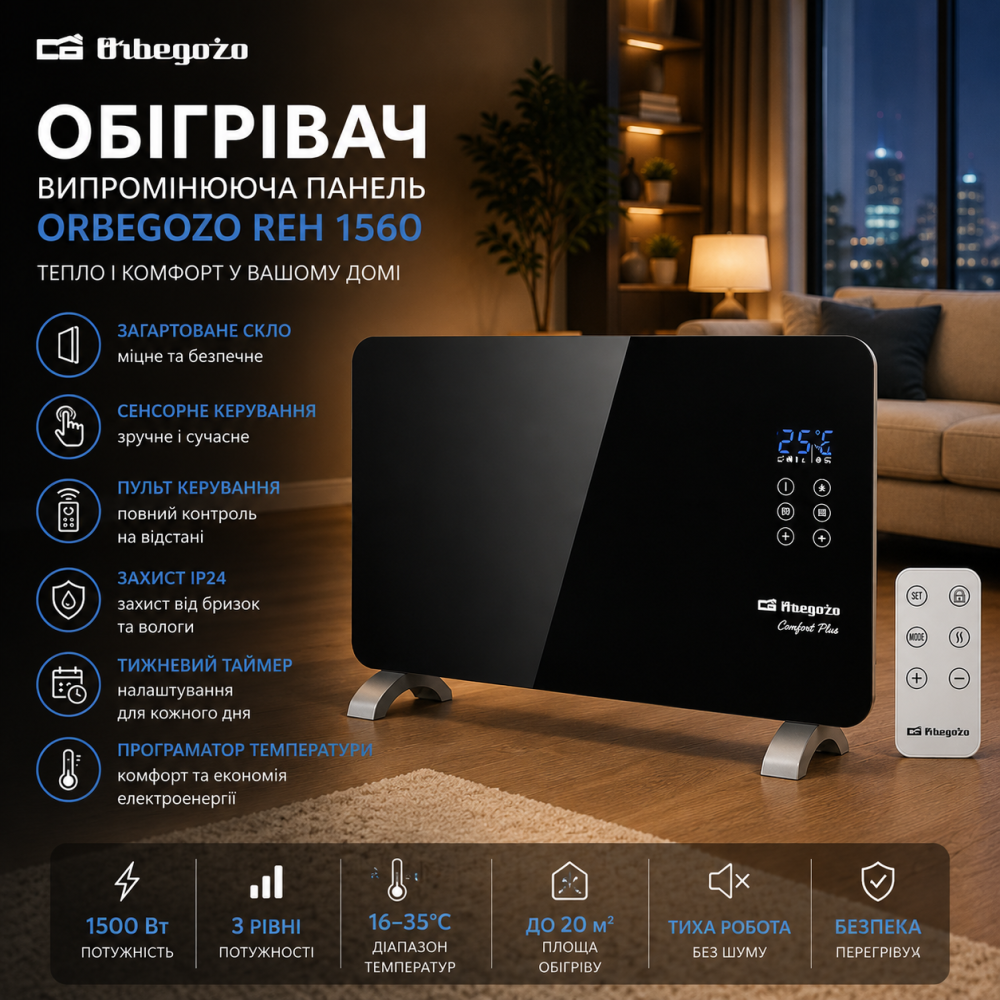 Уцінка Випромінювальна Панель-Обігрівач Orbegozo REH 1560 Скляний Конвектор З Програматором, IP24 та Тижневим Таймером Київ - фото 1