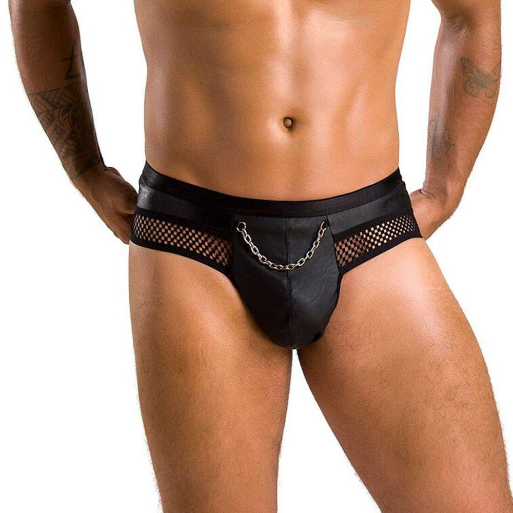 Мужские трусы с цепочкой Passion 030 SLIP TOM XXL/XXXL Black, экокожа, открытые ягодицы Sex Aura Киев - изображение 1