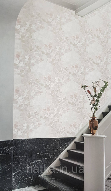 Шпалери вінілові на флізеліні Grandeco Time метрові квіти листя зелені рожеві сірі Київ - фото 1