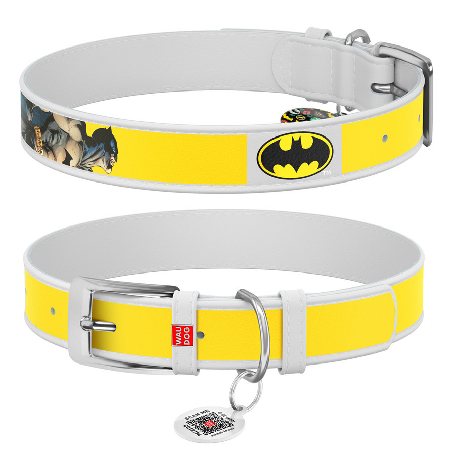 Нашийник для собак шкіряний WAUDOG Design з QR-паспортом, малюнок "Бетмен2", Ш 25 мм, Д 38-49 см, білий Вінниця - фото 1