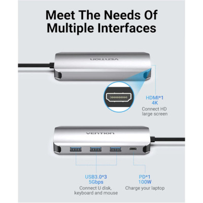 Концентратор Vention USB 3.1 Type-C to HDM/USB 3.0х3//PD 100W 5-in-1 (THFHB) Винница - изображение 12