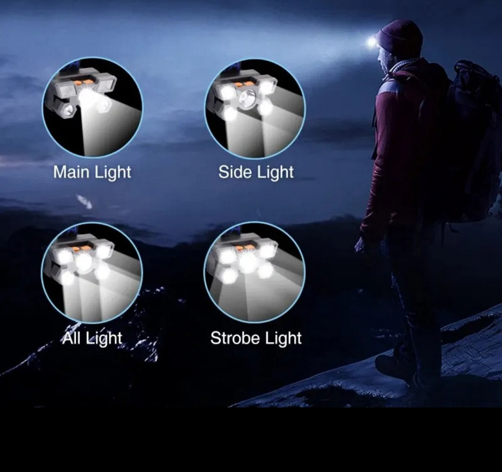 Налобный фонарик на аккумуляторе 5 led с зарядкой USB 4 режима черный Киев - изображение 7