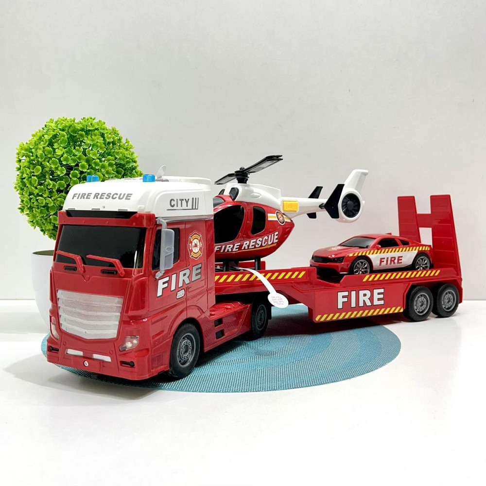 Трейлер Пожежна машина звуки підсвічування інерція гумові шини машинка вертоліт Червоний (666-66 F) Чернигов - изображение 4