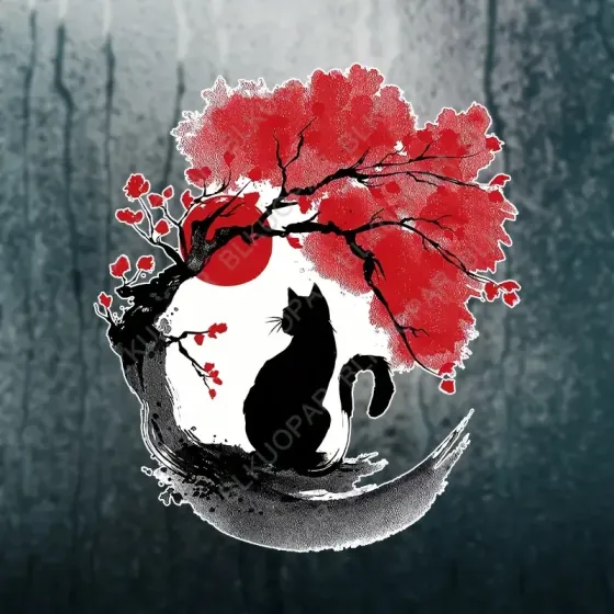 Наліпка вінілова Аніме Кіт під сакурою – чорна кішка, червоне сонце, японський стиль 13 см Київ
