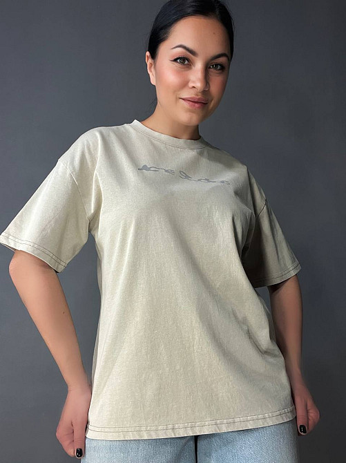 Футболка женская A-N 27039 вареная тай-дай оверсайз хлопок с надписью, бежевый, one size Киев - изображение 19