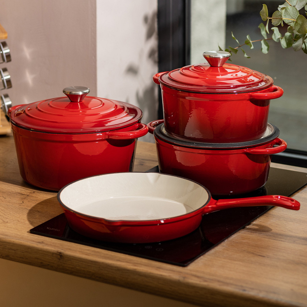 Набор чугунной посуды для приготовления 3 кастрюли и сковорода с эмалированным покрытием Красный HP-1-4 Киев - изображение 8