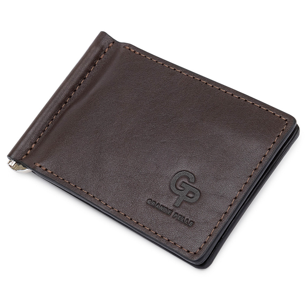 Кожаный мужской зажим для денег с монетницей GRANDE PELLE 11547 Коричневый Киев - изображение 1