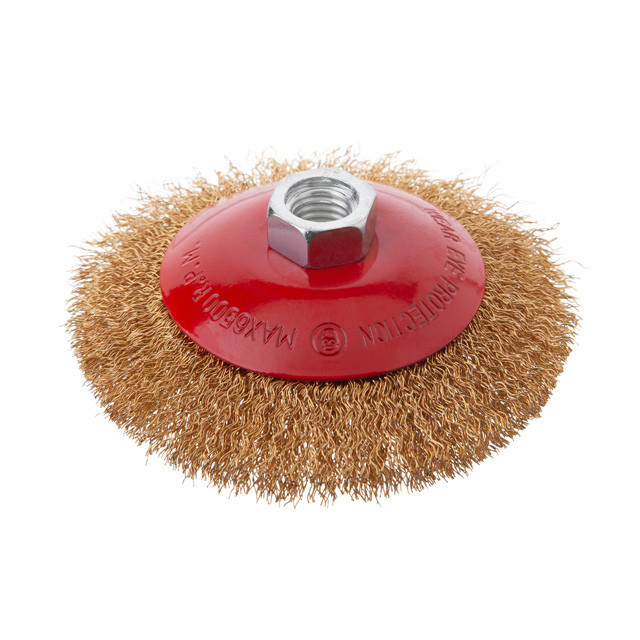 Щітка конусна, 115 мм, M14, кручений дріт покритий латунню, для КШМ, 12500 об/хв INTERTOOL BT-5116 Київ - фото 1