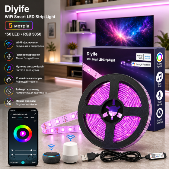 LED лента Diyife 5 м, 150 LED RGB 5050, Wi-Fi, управление со смартфона и голосом, Alexa/Google Home, синхронизация музыки Киев