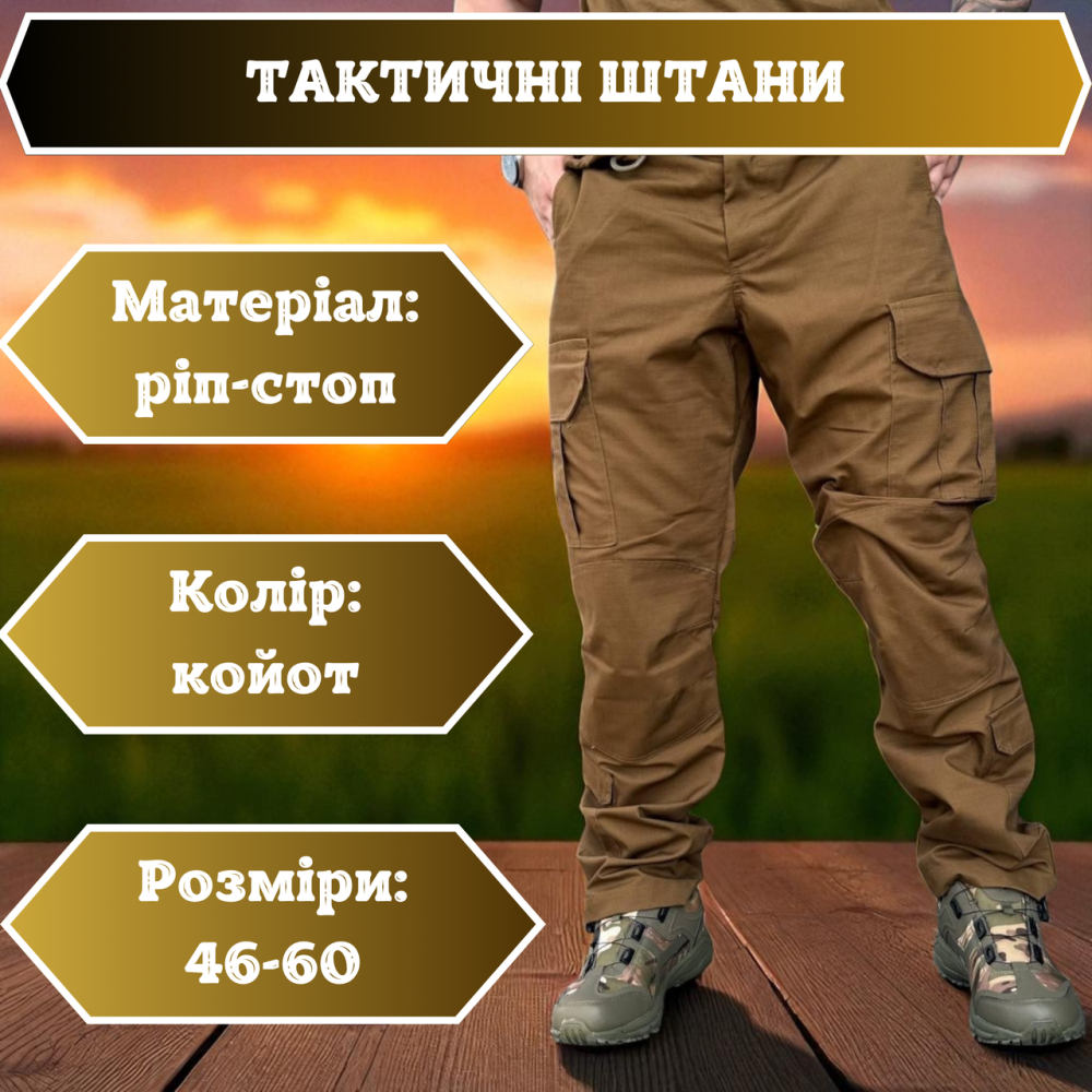 Літні чоловічі штани койот ріп-стоп, штурмові бойові тактичні штани для армії 54 Львів - фото 1