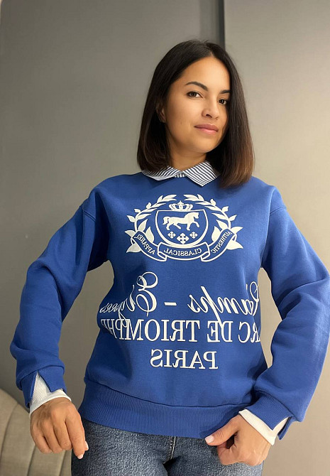 Свитшот женский OLIVIA 2473 с воротником и рисунком впереди утепленный на флисе one size, синий, one size Киев - изображение 1