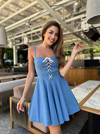 Женский романтичный сарафан на бретелях со шнуровкой джинс бенгалин Голубой, 46 Одесса