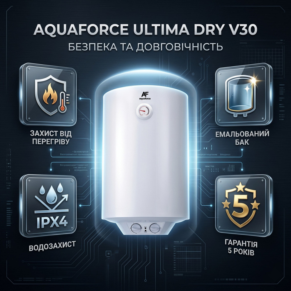 Бойлер Aquaforce Ultima DRY V30 электрический водонагреватель 30 л сухой ТЭН 1600Вт стальной эмалированный бак вертикальный монтаж Тернополь - изображение 7