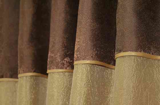 Кухонные шторы VR-Textil № 073к с ламбрекеном и подхватами золотистый с коричневым 275х170 см (52-0049) Киев