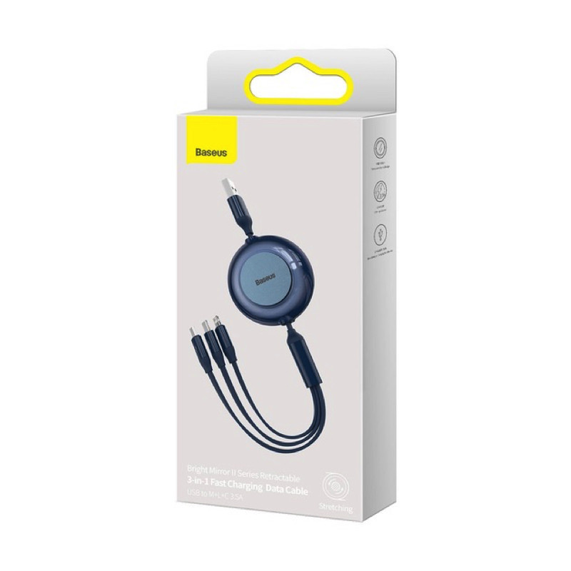 Кабель Baseus Bright Mirror 2 Series Retractable 3-in-1 Fast Charging  Data Cable USB to M+L+C 3.5A 1.1m Blue Київ - фото 2