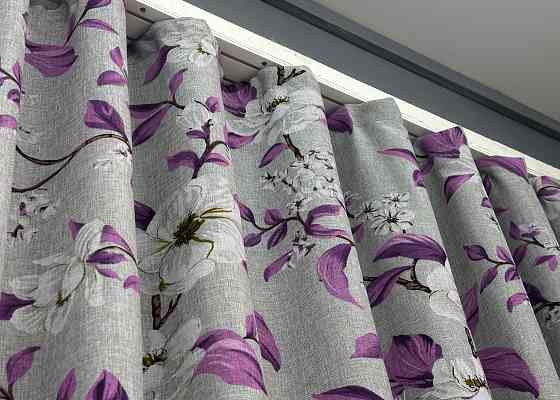 Шторна тканина льон з квітковим принтом, колекція "Прованс" колір сірий з фіолетовим 1820ш Київ