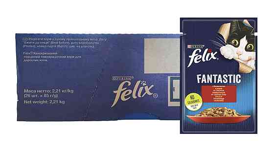 Влажный корм для кошек Феликс Felix Fantastic с говядиной в желе (блок 26 шт × 85 г) Винница