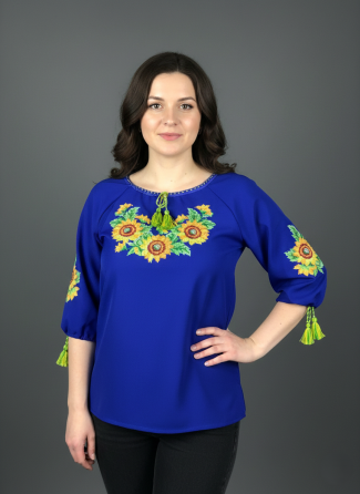 Жіноча вишита блуза на синьому полотні з жовтими соніями 58 Київ
