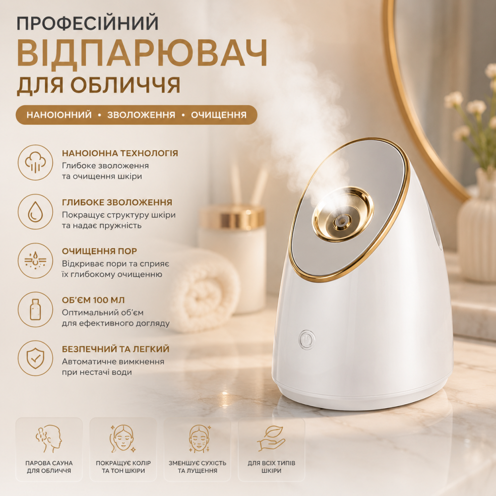 Уцінка Професійний наноіонний відпарювач для обличчя 100 мл, домашня сауна, зволоження та очищення пор (Вітринний зразок) Київ - фото 1