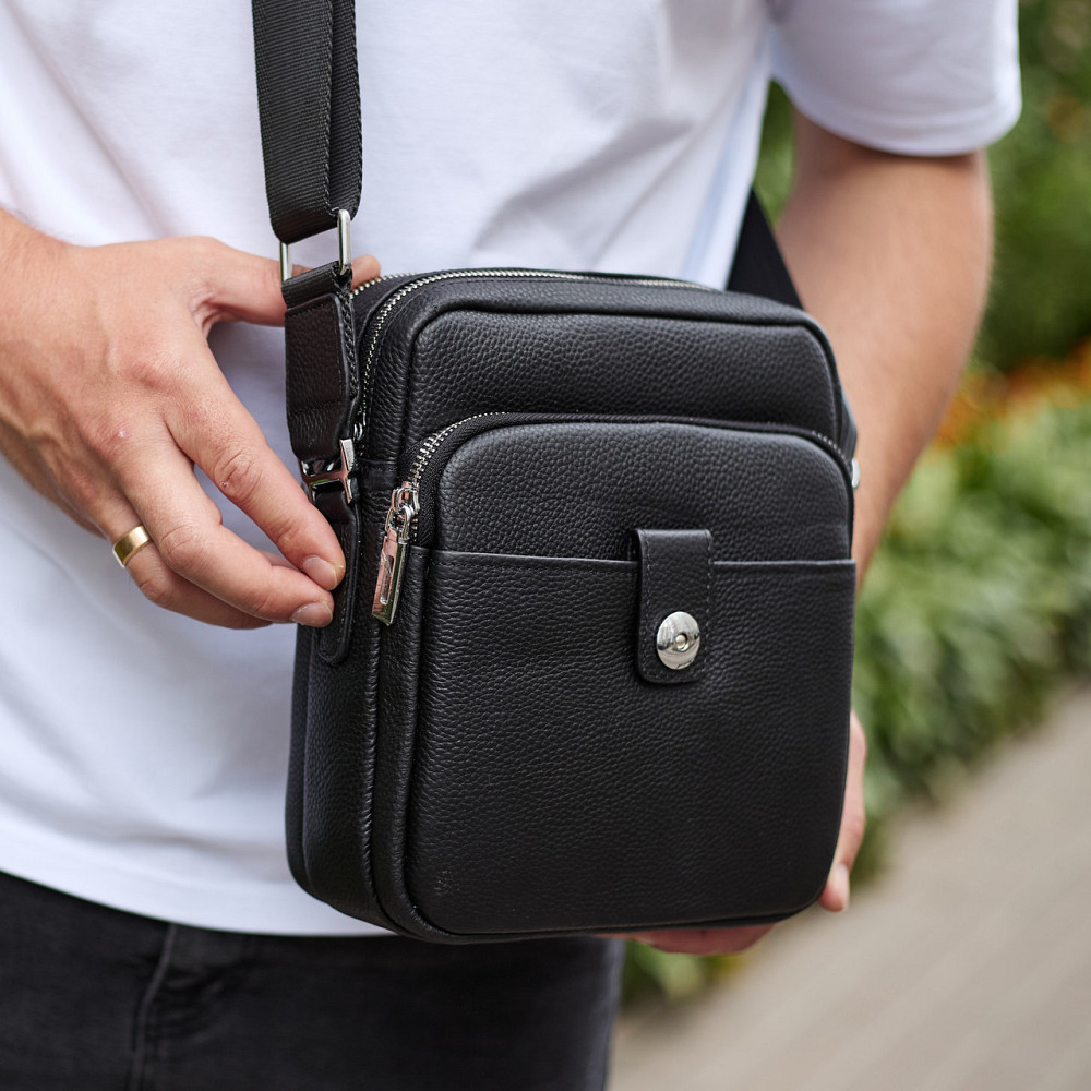 Чоловіча шкіряна універсальна сумка 24х20х8, барсетка зі шкіри, сумочка для чоловіків з регулюванням ручки, чорна Кам'янське - фото 2