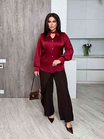 Женская стильная блуза свободного кроя с вшитым воротником-чокером на пуговицах итальянский шелк Бургунди, 48/52 Одесса