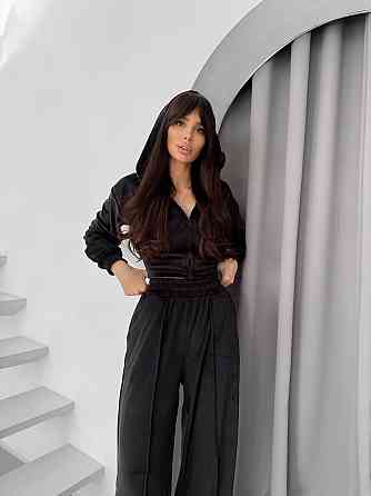 Женский прогулочный костюм двойка: кофта на молнии и брюки из велюра Черный, 42/44 Одесса