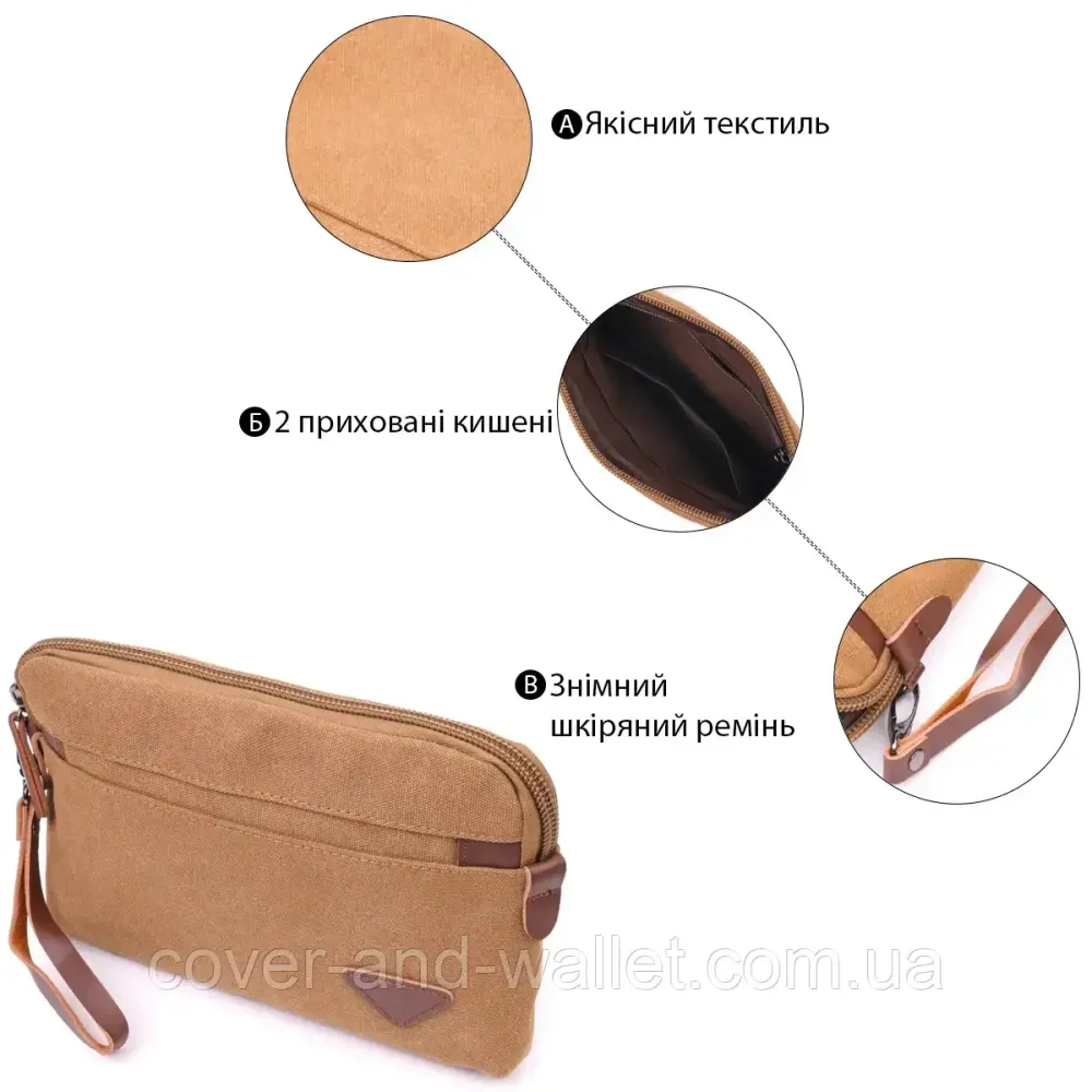 Удобная мужская текстильная барсетка на молнии коричневого цвета Puos Киев - изображение 4