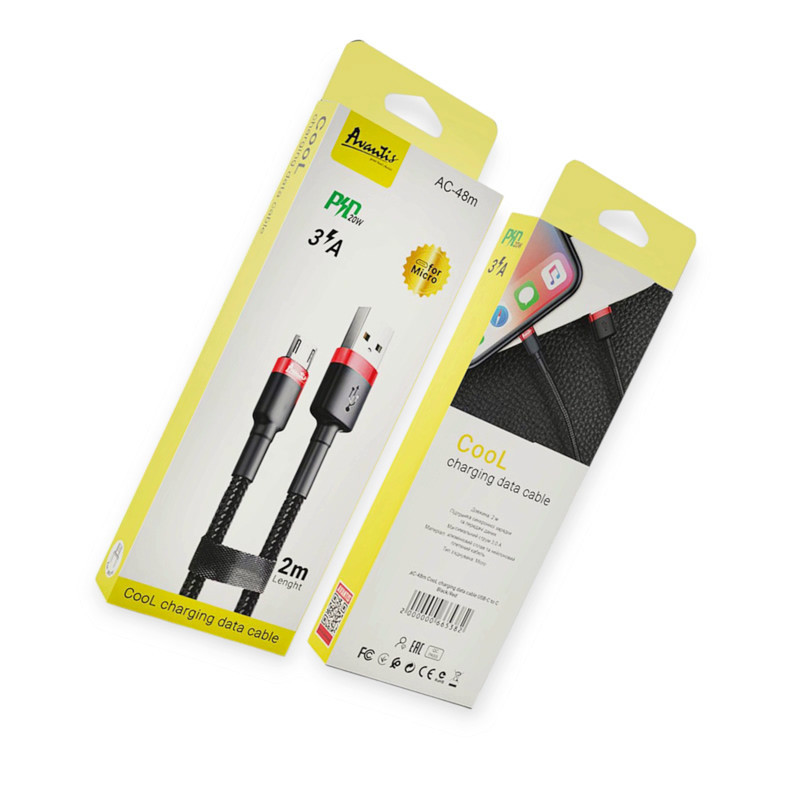 Кабель для заряджання Avantis USB - Micro USB, 2м, 3.0А чорний, круглий тканинна оплетка Мукачево - фото 1