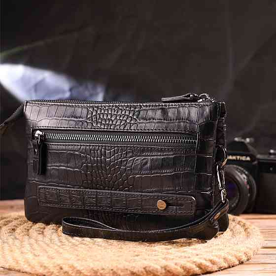 Чудовий клатч для чоловіків із натуральної фактурної шкіри з тисненням під крокодила Чорний (CANPELLINI) Київ