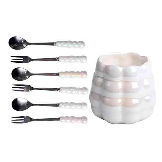 Yiwu Набір десертних виделок і ложок на 3 персони з підставкою з порцелянау 7 предметів Перламу Киев