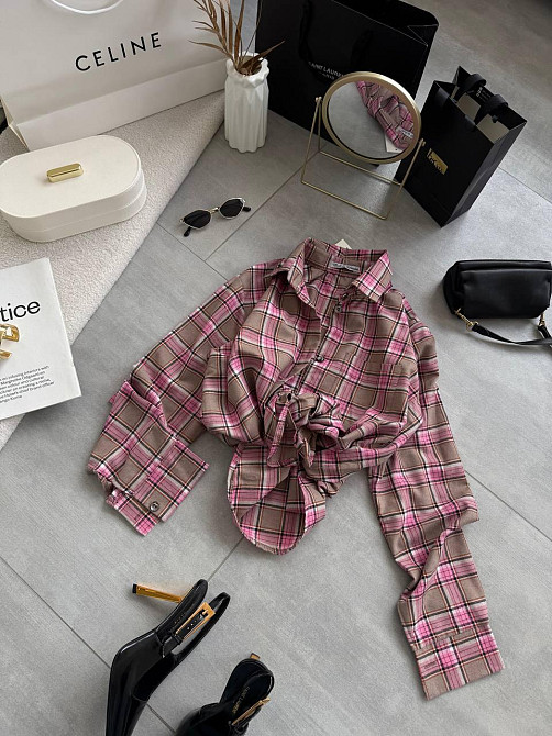 Женская повседневная оверсайз рубашка в клетку костюмный тиар Розовый Одесса - изображение 3