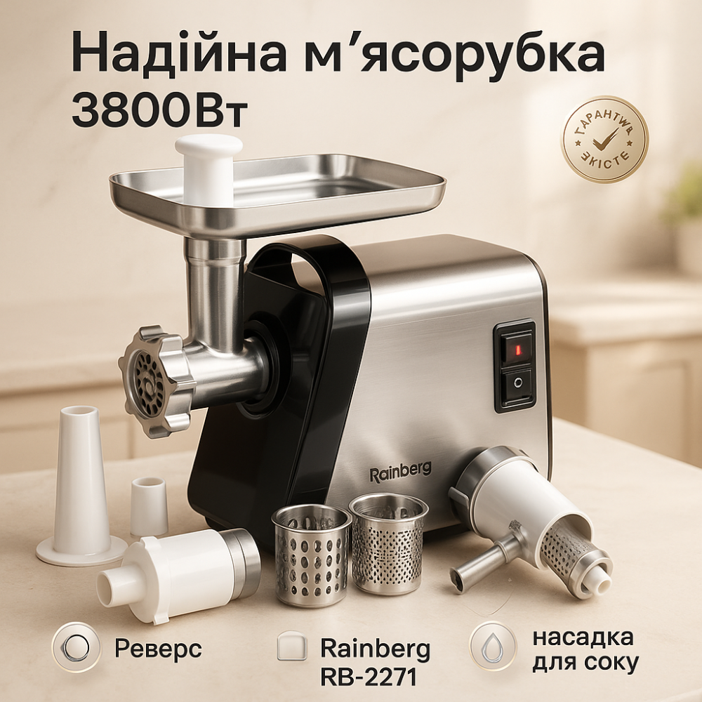 Мясорубка электрическая Rainberg RB-2271 3800 Вт с насадкой для томатов и шинковкой YG-51 Львов - изображение 9