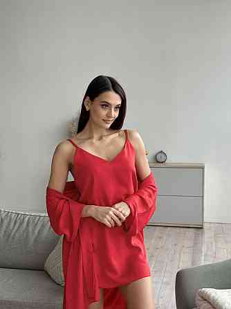 Комплект жіночий шовковий халат і нічна сорочка 3XL/4XL, Червоний Харків