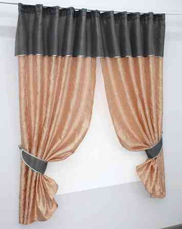 Кухонные шторы VR-Textil № 073к с ламбрекеном и подхватами персиковый с графитовым 270х170 см (52-0181) Киев