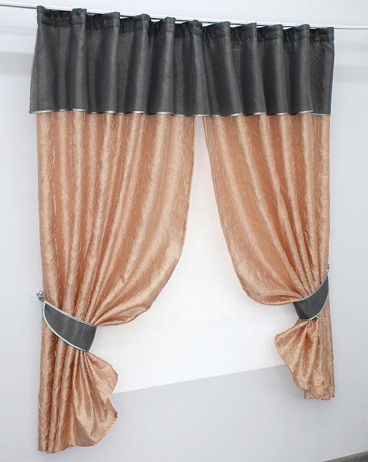 Кухонные шторы VR-Textil № 073к с ламбрекеном и подхватами персиковый с графитовым 270х170 см (52-0181) Киев - изображение 2