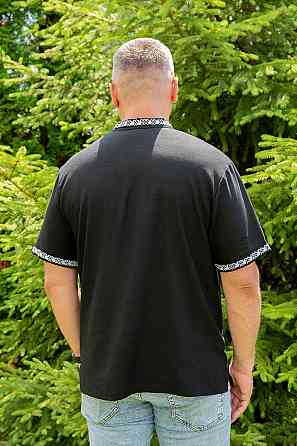 Вышиванка льняная, мужская, чёрная с коротким рукавом, весенняя летняя Киев