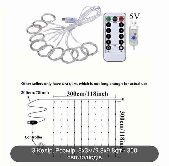 Світлодіодна гірлянда штора роса 3х3 м 300 led з USB і пультом керування (Різнокольоровий) Смела