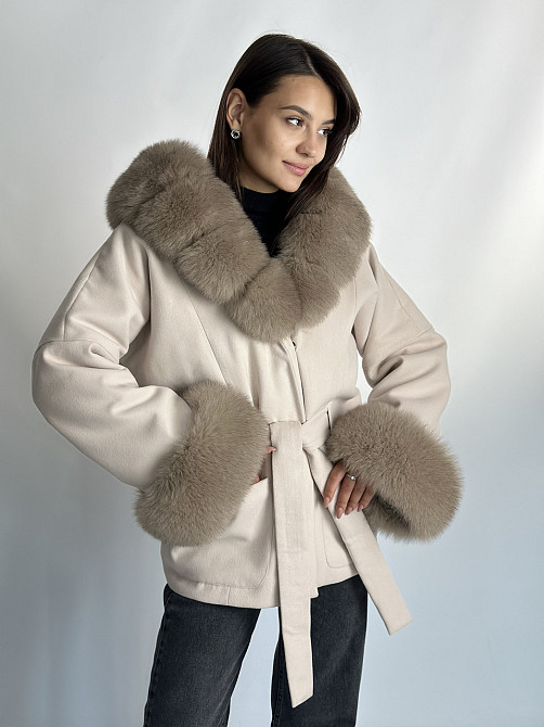 Пончо пальто жіноче з хутром капюшон і манжети Бежевий 46/48 Харків - фото 1