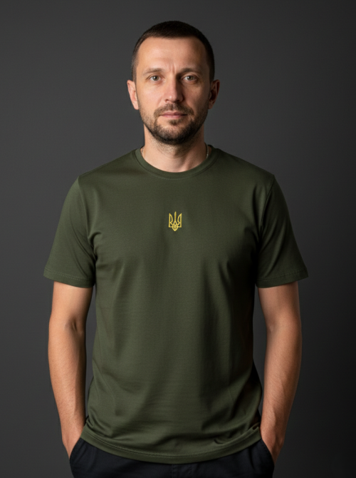 Футболка кольору хакі з вишитим Тризубом посередині 4XL Київ - фото 1