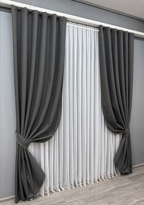 Комплект готовых штор VR-Textil Лен блэкаут № 1594ш Графитовый 135х270 см 2 шт (39-935) Киев - изображение 3