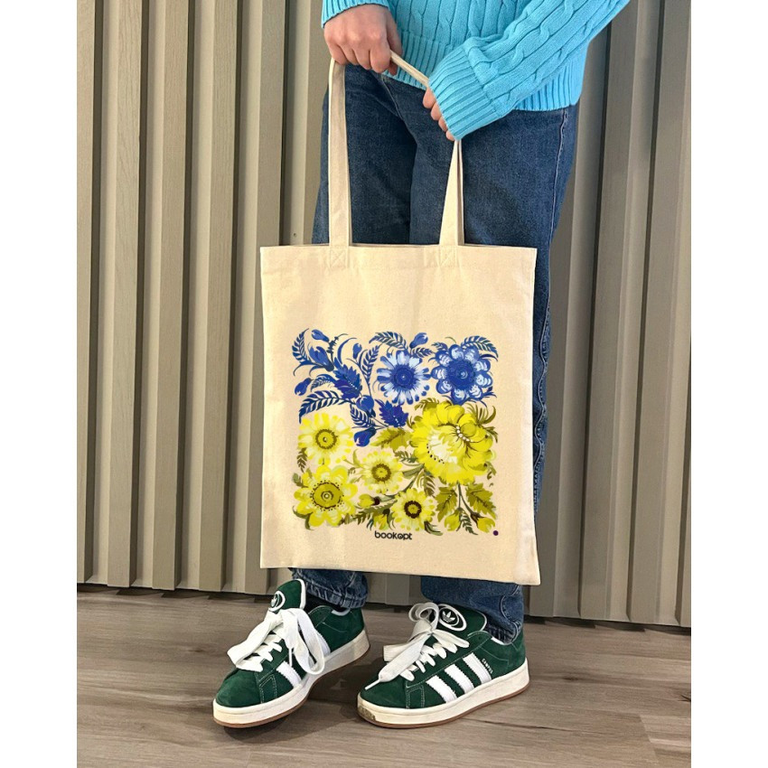 Екошопер BookOpt BK4004 Петриківський розпис Синьо-жовті квіти бежевий Киев - изображение 5