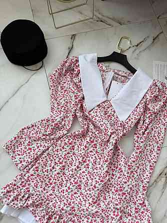 Жіноча романтична мінісукня-комбінезон у квітковий принт із білим коміром софт + котон Рожевий, 44/46 Одеса