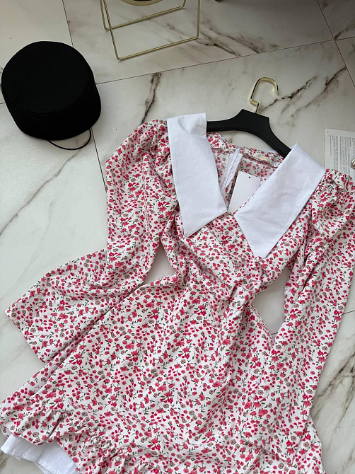 Женское романтичное мини платье-комбинезон в цветочный принт с белым воротником софт+котон Розовый, 44/46 Одесса - изображение 5